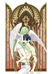  1girl absurdres age_difference angel angel_wings barefoot blue_hair cendrillon_(vocaloid) child closed_eyes couple green_hair halo hands hatsune_miku hetero highres holding_head hug kaito kooten_bergh_no_youhei long_hair shirtless skirt very_long_hair vocaloid white_skirt wings younger 