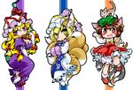  :d animal_ears blonde_hair bow brown_hair cat cat_ears cat_tail chen chibi elbow_gloves fan folding_fan fox_ears fox_tail gap gloves hair_bow hands_in_opposite_sleeves hat ikuta_takanon jewelry long_hair multiple_girls multiple_tails open_mouth purple_eyes red_eyes short_hair single_earring smile tail touhou yakumo_ran yakumo_yukari yellow_eyes 