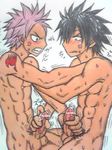  2boys abs angry black_hair blush clenched_teeth fairy_tail gray_(fairy_tail) gray_fullbuster handjob insertion male male_focus multiple_boys muscle natsu natsu_dragneel nude object_insertion penis pink_hair precum scar sitting tattoo teeth testicles trembling urethral_fingering urethral_insertion yaoi 