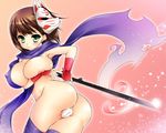  bad_id bad_pixiv_id breasts brown_hair fox_mask green_eyes hotei_kazuha large_breasts maebari mask naked_scarf nipples nude scarf sekaiju_no_meikyuu sekaiju_no_meikyuu_3 shinobi_(sekaiju) short_hair solo thighhighs weapon 