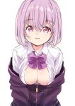  absurdres bow bowtie breasts bursting_breasts collared_shirt cowboy_shot eyebrows_visible_through_hair hair_between_eyes highres jacket large_breasts looking_at_viewer mousou_(mousou_temporary) off_shoulder parted_lips pink_eyes pleated_skirt purple_hair purple_jacket purple_neckwear shinjou_akane shirt short_hair simple_background skirt smile solo ssss.gridman unzipped white_background white_shirt wing_collar 