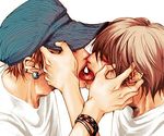  2boys bracelet brown_hair earrings eyes_closed hat jewelry kiss kissing lowres multiple_boys nagoya_haruko open_mouth short_hair tongue yaoi 