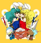  akane_(parodius) animal_ears aqua_eyes bad_id bad_pixiv_id big_hair blonde_hair blue_leotard bunny_ears bunny_girl bunnysuit character_request earrings elbow_gloves fukusha gloves green_hair hikaru_(parodius) holding_hands interlocked_fingers jewelry leotard multiple_girls object_on_head panties panties_on_head parodius red_eyes red_leotard underwear 