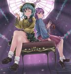  crossed_legs eyeball from_below green_eyes green_hair hairband hat hat_ribbon heart komeiji_koishi komeiji_satori legs loafers multiple_girls oumi_(rsag) purple_eyes purple_hair ribbon shoes short_hair siblings sisters sitting sun_hat table third_eye touhou water 