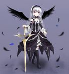  bad_id bad_pixiv_id bare_shoulders black_feathers black_legwear black_wings blue_flower blue_rose detached_sleeves feathers flower gothic_lolita hairband highres lolita_fashion long_hair noron red_eyes rose rozen_maiden solo suigintou sword thighhighs weapon white_hair wings 