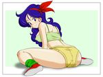  ass bare_shoulders blue_eyes blue_hair breasts dragon_ball erect_nipples happy headband legs long_hair looking_back lunch_(dragon_ball) ribbon sexy shoes short short_shorts shorts sideboob simple_background sit sitting smile sneakers socks tank_top thighs wavy_hair 