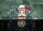 6u_(eternal_land) ascot blonde_hair fang flandre_scarlet hat ponytail pun red_eyes short_hair side_ponytail solo third-party_edit touhou united_nations wings 