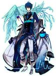  alternate_costume bird blue_eyes blue_hair coat hair_over_one_eye kaito m_(okomelody) male_focus simple_background solo standing vocaloid 