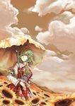  antediluvian ascot bad_id bad_pixiv_id belt blouse cloud field flower flower_field green_hair highres kazami_yuuka muted_color parasol plaid plaid_skirt plaid_vest red_eyes short_hair skirt skirt_set sky smile solo sunflower touhou umbrella vest 