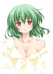  aoilio artist_name bad_id bad_pixiv_id bare_shoulders blush breasts cleavage collarbone dress_shirt green_hair head_tilt highres kazami_yuuka light_smile medium_breasts no_lineart off_shoulder parted_lips red_eyes shirt signature simple_background solo touhou unbuttoned white_background 