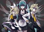  2girls aqua_eyes aqua_hair aqua_nails blonde_hair blood dress fork hair_ribbon hatsune_miku kagamine_len kagamine_rin knife leaf_(lily123402) long_hair multiple_girls nail_polish necktie one_eye_closed ribbon smile spoon twintails very_long_hair vocaloid yellow_nails 