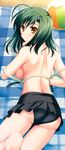  absurdres ahoge ass back ball beachball bikini bikini_skirt breasts green_hair hair_ornament hairpin highres kasuga_iroha large_breasts looking_back lying odawara_hakone off_shoulder on_stomach scan sideboob smile solo strap_slip swimsuit tasogare_no_sinsemilla 