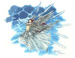  alternate_costume armor armored_dress blue choker erza_scarlet fairy_tail gauntlets long_hair magic navel nick-ian red_hair signature skirt sky solo sword traditional_media weapon wings 