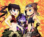  3girls ballista_(sekaiju) belt black_hair blonde_hair blue_eyes flat_chest gloves goggles goggles_on_head hat monk_(sekaiju) multiple_girls navel pouch purple_hair sekaiju_no_meikyuu sekaiju_no_meikyuu_3 suspenders tenjin zodiac_(sekaiju) 