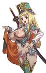  blonde_hair blue_eyes breasts chain hand_on_hip hat highres huge_breasts huge_nipples kei_(bekei) long_hair nipple_piercing nipples open_mouth original piercing puffy_nipples simple_background smile solo sword weapon 