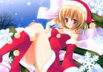  blush boots brown_hair christmas detached_sleeves hat highres looking_at_viewer natsuki_coco original panties purple_eyes santa_boots santa_costume santa_hat snow snowflakes solo striped striped_panties tree underwear 