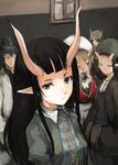  4girls black_hair blonde_hair blue_eyes blurry brown_hair bug butterfly depth_of_field face hat horns insect kasa long_hair multiple_girls oni open_mouth original pointy_ears sleeves_past_wrists solo_focus 