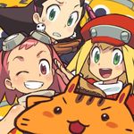  aero blonde_hair brown_hair cat earrings gloves green_eyes grin hat ishikawa_hideki jewelry kobun multiple_girls official_art open_mouth pink_eyes pink_hair rockman rockman_dash rockman_dash_3 roll_caskett smile sweatdrop tron_bonne wings 