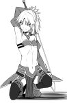  1girl arm_up bra braid breasts detached_sleeves eyebrows_visible_through_hair fate/apocrypha fate_(series) faulds full_body greyscale high_ponytail holding holding_sword holding_weapon long_hair long_sleeves looking_at_viewer midriff monochrome mordred_(fate) mordred_(fate)_(all) navel one_knee shiseki_hirame simple_background small_breasts solo stomach strapless strapless_bra sword thighhighs underboob underwear weapon white_background 