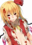  blonde_hair blood blood_on_face face flandre_scarlet flat_chest hair_ribbon navel no_hat no_headwear red_eyes ribbon side_ponytail simple_background smile solo sugimeno torn_clothes touhou wings 