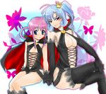  2girls arsene big_breasts blue_eyes blush breasts bule_eyes cleavage crossed_legs flat_chest gloves holding_hands large_breasts pink_hair sherlock_shellingford tantei_opera_milky_holmes thighhighs twintails 