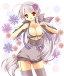 bra breasts cleavage flower garter_straps imo_mushi large_breasts lingerie long_hair open_clothes open_shirt orange_eyes shirt silver_hair skindentation solo tears thighhighs twintails underwear very_long_hair vocaloid wavy_mouth yowane_haku 