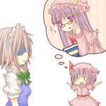  :d arms_up bespectacled blood book chibi glasses izayoi_sakuya maid maid_headdress multiple_girls natsuk nosebleed open_mouth patchouli_knowledge purple_eyes remilia_scarlet shaded_face silver_hair smile sparkle touhou |_| 