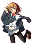  bread brown_eyes brown_hair chu dressing food food_in_mouth hirasawa_yui k-on! late_for_school mouth_hold nervous open_clothes open_shirt panties pantyhose pantyhose_pull pantyshot pantyshot_(standing) pink_panties school_uniform shirt shirt_lift shoe_dangle shoe_loss solo standing toast toast_in_mouth underwear 