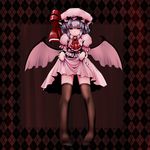  bat_wings dress hat highres image_sample ishikkoro lavender_hair legs lift md5_mismatch pixiv_sample red_eyes remilia_scarlet short_hair solo thighhighs touhou wings 