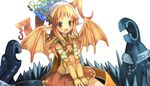  :d bandana bat_wings blush dragon_girl flat_chest flower green_eyes happy horns long_hair long_pointy_ears maku_(makupoteti) maou_papillon midriff monster_girl navel open_mouth orange_hair plant pleated_skirt pointy_ears simple_background sitting skirt smile solo v_arms vines white_background wings yuusha_30 