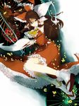  arm_up armpits ascot bow brown_eyes brown_hair clog_sandals detached_sleeves hair_bow hakurei_reimu long_hair nekonote_(neconote) solo tabi touhou 