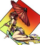  1girl blue_eyes detached_sleeves full_body hair_between_eyes hair_ornament holding holding_umbrella kaname_buccaneer long_sleeves looking_at_viewer macross macross_delta midriff oriental_umbrella red_hair red_umbrella shimatani_azu short_hair sitting sketch solo umbrella yellow_sleeves 