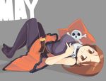  black_legwear breasts brown_eyes brown_hair character_name grin guilty_gear hat hat_removed headwear_removed large_breasts lying may_(guilty_gear) no_shoes on_back orange_hat orange_shirt pantyhose pirate pirate_hat shirt skull_and_crossbones smile solo taut_clothes wokashiya 
