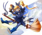  blonde_hair blue_eyes boots broom drill_hair gunbird marion moreshan pantyhose pomupomu solo witch 