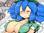  areola_slip areolae blue_hair breasts cleavage hair_bobbles hair_ornament hat kawashiro_nitori large_breasts no_bra okiraku_nikku open_clothes open_shirt shirt sleeping solo touhou two_side_up wrench 