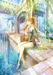  barefoot blonde_hair eating fish food legs long_hair miyama_kiri original sandwich sitting soaking_feet solo water yellow_eyes 