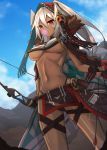  absurdres arrow ashisi azur_lane bangs bodypaint bow_(weapon) breasts bubble_blowing cape chewing_gum cloak commentary dark_skin dutch_angle eyebrows_visible_through_hair facepaint from_below fur-trimmed_cape fur_trim hair_between_eyes highleg highleg_panties highres holding holding_weapon hood looking_at_viewer medium_breasts midriff minneapolis_(azur_lane) narrowed_eyes native_american navel panties ponytail red_eyes revealing_clothes solo standing tassel thong toned underboob underwear weapon white_hair 
