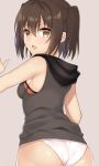  :o armpit_crease ass back bare_shoulders breasts brown_eyes brown_hair cowboy_shot from_behind grey_background hand_up hood hood_down hooded_sweater hoodie kantai_collection looking_at_viewer looking_back no_pants open_mouth panties sendai_(kantai_collection) short_hair simple_background small_breasts solo sweater sweater_vest two_side_up underwear v-shaped_eyebrows white_panties yuzuttan 