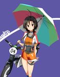  black_eyes black_hair grin ground_vehicle highres idolmaster idolmaster_(classic) idolmaster_2 kikuchi_makoto miniskirt motor_vehicle motorcycle race_queen short_hair skirt smile solo umbrella yamaque 