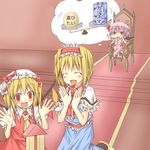  :d ^_^ alice_margatroid balance_scale bat_wings blonde_hair blue_hair chair chibi clapping closed_eyes flandre_scarlet hat multiple_girls natsuk open_mouth red_eyes remilia_scarlet sitting smile touhou translated weighing_scale wings 