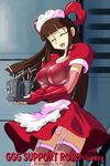  :d breasts brown_hair closed_eyes drink drinking_straw elbow_gloves garter_straps gloves jilpoong17 large_breasts long_hair maid_headdress mazinger_z mecha_musume open_mouth panties piggy_(gaogaigar) smile solo thighhighs underwear waitress yumi_sayaka yuusha_ou_gaogaigar yuusha_series 