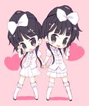  black_eyes black_hair blush boots bow chibi full_body hair_bow heart ishihara_kaori looking_at_viewer meito_(maze) multiple_girls ogura_yui original pink_background seiyuu skirt thigh_boots thighhighs white_bow 