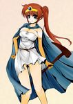  blue_eyes blush breasts brown_hair cape cleavage colorized cosplay dragon_quest dragon_quest_iii elbow_gloves frapowa gloves large_breasts long_hair lyrical_nanoha mahou_shoujo_lyrical_nanoha_strikers older sage_(dq3) sage_(dq3)_(cosplay) side_ponytail smile solo staff takamachi_nanoha 