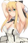  1girl ahoge alternate_breast_size armpits artoria_pendragon_(all) black_bow black_ribbon blonde_hair blush bow breasts choker cleavage erect_nipples eyebrows_visible_through_hair fate/unlimited_codes fate_(series) frown green_eyes hair_between_eyes hair_bow high_ponytail huge_breasts long_hair looking_at_viewer neck_ribbon ribbon saber_lily shiseki_hirame sidelocks simple_background solo strapless upper_body white_background 