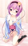  black_legwear eyeball flat_chest hairband heart highres kaneru kneehighs komeiji_satori no_pants open_clothes open_shirt panties purple_eyes purple_hair shirt short_hair solo third_eye touhou underwear 