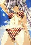  arm_up ass_visible_through_thighs bikini breasts covered_nipples day highres long_hair medium_breasts navel original outdoors parted_lips polka_dot polka_dot_bikini polka_dot_swimsuit red_bikini silver_hair sky solo swimsuit underboob urushihara_satoshi yellow_eyes 