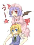  :d alice_margatroid ascot bad_id bad_pixiv_id bat_wings blonde_hair blue_eyes blue_hair fang hat multiple_girls natsuk open_mouth red_eyes remilia_scarlet short_hair slit_pupils smile touhou translated uu~ wings 