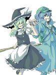  backpack bad_id bad_pixiv_id bag blonde_hair blue_eyes blue_hair braid broom coat fist_bump grin hat kawashiro_nitori key kirisame_marisa long_sleeves mozu_suka multiple_girls puffy_sleeves short_hair side_braid simple_background smile touhou two_side_up witch_hat 