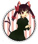  airi_(spacepilot) alternate_hair_color animal_ears bad_id bad_pixiv_id bow braid cat_ears cat_tail circle dress extra_ears hair_bow kaenbyou_rin multiple_tails open_mouth red_eyes solo striped striped_background tail touhou twin_braids 