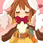  animal_ears belt blush bow brown_hair bunny_ears carrot carrot_hair_ornament closed_eyes food_themed_hair_ornament gloves hair_ornament hairclip heart hirasawa_yui incoming_kiss k-on! paws plover reaching short_hair solo strap_slip suspenders 